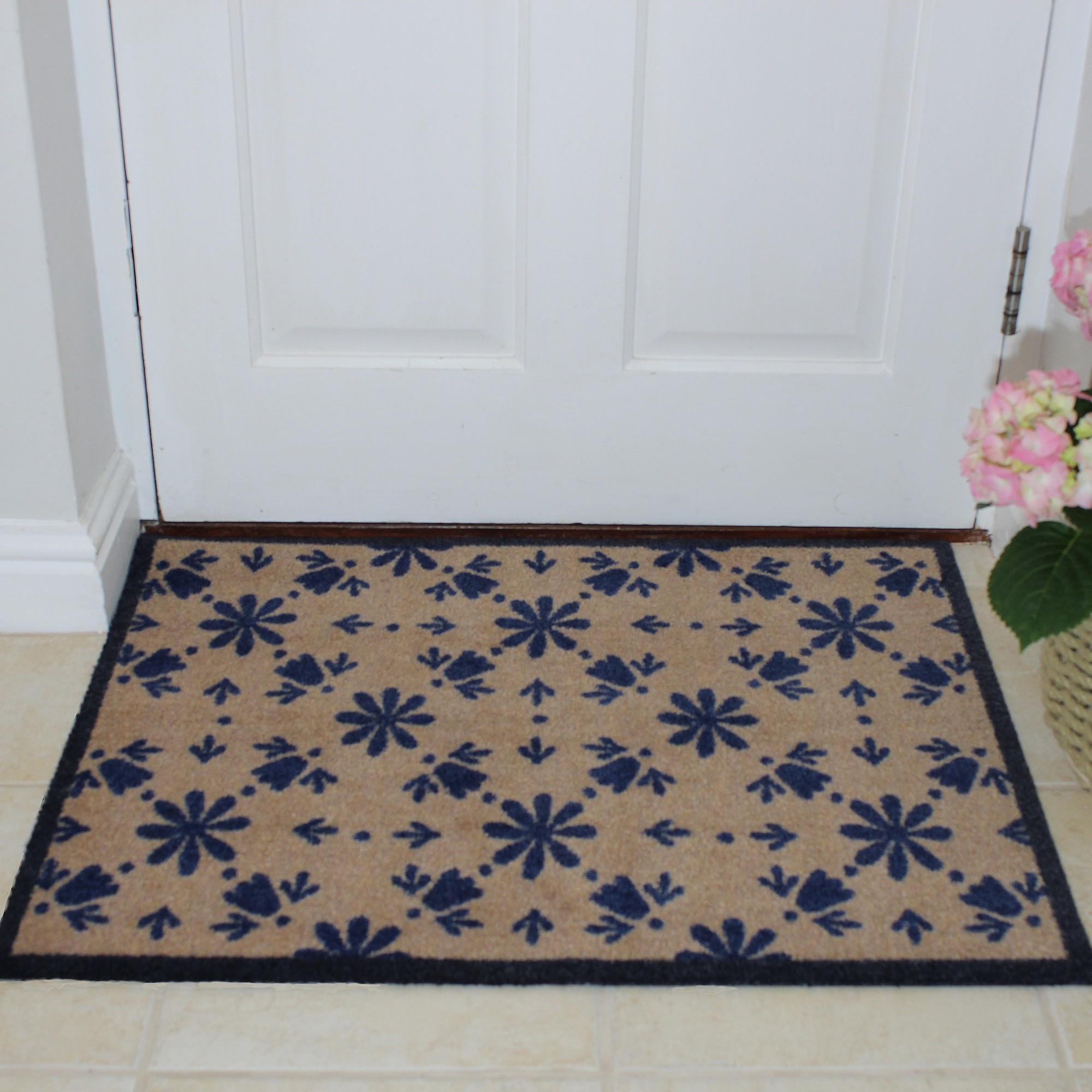 Italian Tile Recycled Washable Doormat In Brown Navy